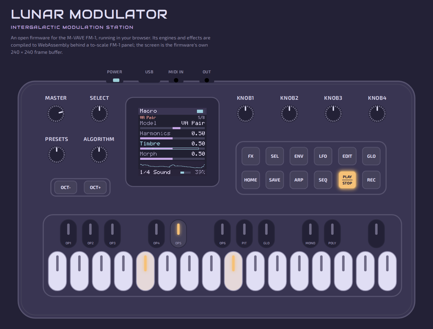 Screenshot of Lunar Modulator running on the M-VAVE FM-1